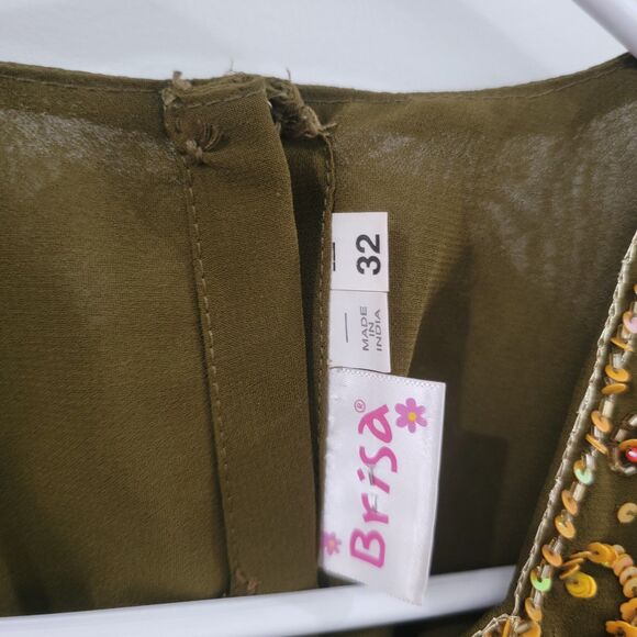 Brisa Womens Top Size Xs Green Beaded Sequin‎ Fairy Ren Faire India - Picture 4 of 6